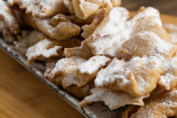 close up of a traditional sweet crisp pastry Angel wings, 
