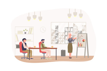 Business meeting at conference room modern flat concept. Woman presenting report with data analysis, employees listen and discuss strategy. Vector illustration with people scene for web banner design