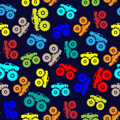 Beautiful bright colorful multicolored monster trucks isolated on dark blue background. Cute transport seamless pattern. Side view. Vector simple flat graphic illustration. Texture. © far700