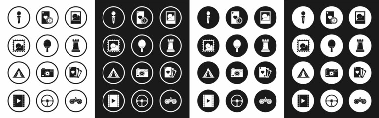 Set Photo frames, Racket for playing table tennis, Picture landscape, Joystick arcade machine, Chess symbol, Casino chip cards, Playing with heart and Tourist tent icon. Vector