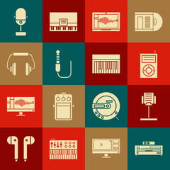 Set Music CD player, stand, MP3, Sound or audio recorder on laptop, Audio jack, Headphones, Microphone and synthesizer icon. Vector