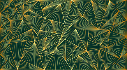 Luxury gold background, unique graphic wallpaper. Triangles of different sizes with a texture of golden lines are located on a noble dark green background.