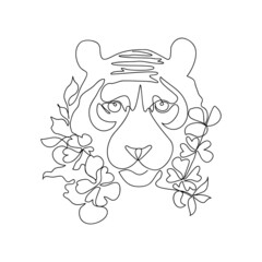 Continuous one single line drawing of wild tiger head with tropical leaves and flowers. Trendy vector business logo identity. Strong Bengal big cat animal mascot concept for national conservation park