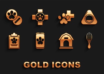 Set Online veterinary clinic symbol, Pet bed, Hair brush for dog and cat, Dog house, Clipboard with medical clinical record pet, Veterinary, pills and icon. Vector