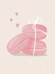 Illustration a group of macaroons tied with a bow on pink background