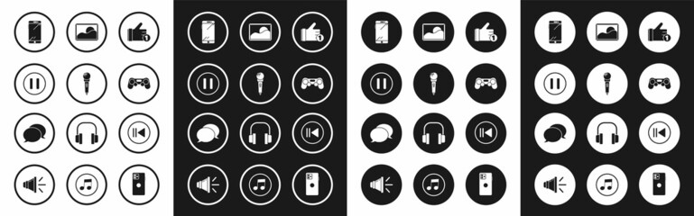 Set Hand like, Microphone, Pause button, Smartphone, mobile, Gamepad, Picture landscape, Rewind and Speech bubble chat icon. Vector