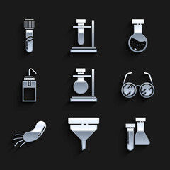 Set Test tube flask on stand, Funnel or filter, chemical, Laboratory glasses, Bacteria, wash bottle, and icon. Vector