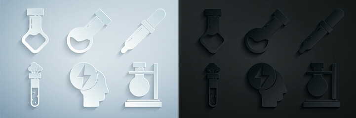 Set Head and electric symbol, Pipette, Test tube flask chemical, on stand, and icon. Vector