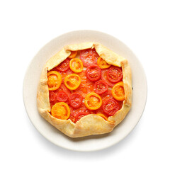 Plate with tasty tomato galette on white background