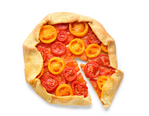 Tasty tomato galette on white background