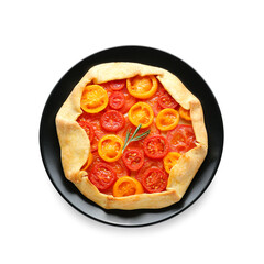 Plate with tasty tomato galette on white background