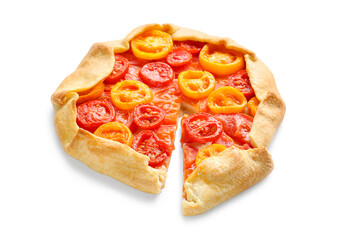 Tasty tomato galette on white background