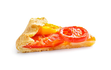 Piece of tasty tomato galette on white background