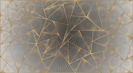 
Luxury unique background, golden graphic wallpaper. Triangles of different sizes with a texture of golden lines create a combination on a dark gray background with backlighting around the edges.