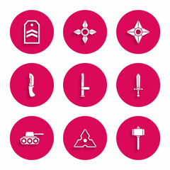 Set Police rubber baton, Japanese ninja shuriken, Battle hammer, Medieval sword, Military tank, knife, and Chevron icon. Vector