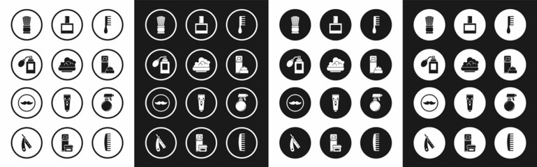 Set Hairbrush, Shaving gel foam, Aftershave bottle with atomizer, Hairdresser pistol spray and Mustache icon. Vector