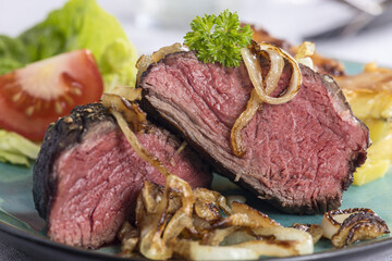 closeup of a cut steak