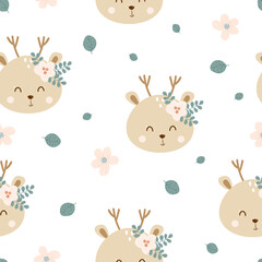 Seamless pattern with funny deer head and flowers on white background