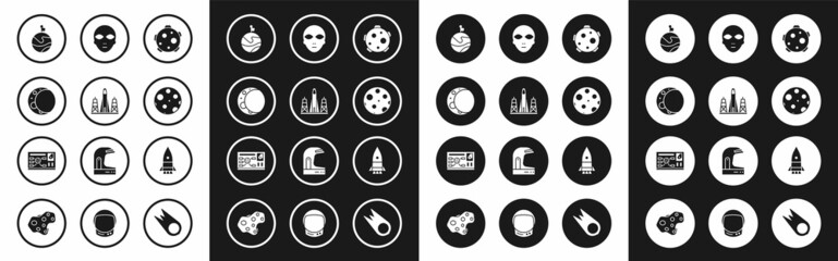 Set Planet, Rocket launch from the spaceport, Moon, with flag, Alien, ship and Futuristic hud interface icon. Vector