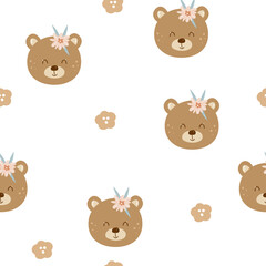 Seamless baby pattern with cute bear face and flowers on white background