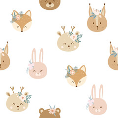 Seamless baby pattern with face cute pink rabbit, squirrel, bear, fox, deer and flowers on white background