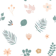 Floral seamless pattern with sprigs of leaves, flowers and berries ​on white background 