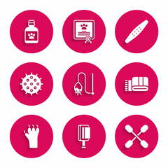 Set Pet cat toy, Hair brush for dog and, Cotton swab ears, Towel stack, Paw print, Tennis ball, Nail file pet and Dog medicine bottle icon. Vector