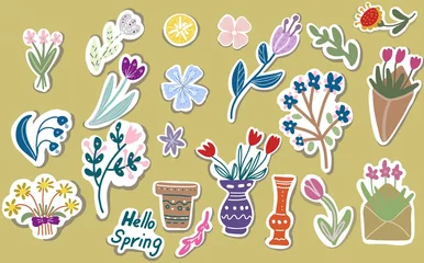 Foto auf Glas Spring flowers stickers stylized plants folk motifs hyuge bohemia english lettering hello spring hand drawn individual elements big set  © Paint_art