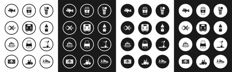 Set Fresh smoothie, Bathroom scales, No meat, Fish, Bottle of water, Coffee cup to go, Treadmill machine and Cake icon. Vector