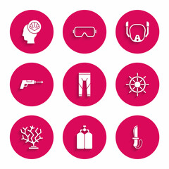 Set Wetsuit, Aqualung, Knife, Ship steering wheel, Coral, Fishing harpoon, Diving mask and Scallop sea shell icon. Vector