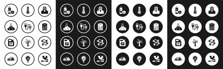 Set Face in protective mask, Electric saving plug leaf, Volcano eruption with lava, Battery, Global warming, Meteorology thermometer, Dead fish and Bio fuel canister icon. Vector