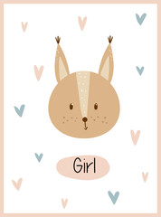 Baby greeting card with cute head squirrel and colorful hearts in frame with text 