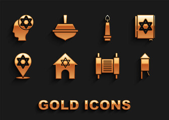 Fototapeta premium Set Jewish synagogue, torah book, Firework rocket, Torah scroll, Star of David, Burning candle, Orthodox jewish hat and Hanukkah dreidel icon. Vector