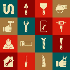 Set Wrench spanner, Putty knife, Construction jackhammer, Adjustable wrench, Hammer, Industry pipe and Mobile service icon. Vector