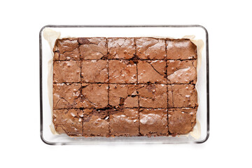 Baking dish with tasty chocolate brownie isolated on white background