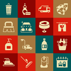 Set Cleaning calendar, Basin with soap suds, Drying clothes, Garbage truck, Home cleaning service, Brush for, Trash can and Stain on tablecloth icon. Vector