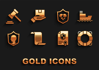 Set Document with shield, Ship, Lifebuoy, Contract, insurance, Judge gavel and Delivery icon. Vector