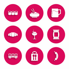 Set Ice cream in bowl, Online ordering and delivery, Hotdog, Bag packet potato chips, Sushi on cutting board, Croissant, Wooden beer mug and icon. Vector