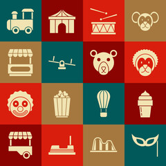 Set Festive mask, Ice cream, Wild lion, Drum with drum sticks, Seesaw, Fast street food cart, Toy train and Bear head icon. Vector