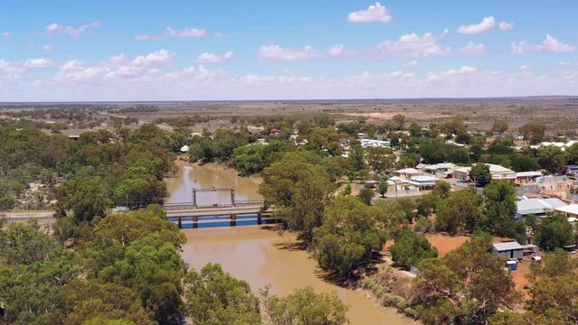 Bridge on Darling river in Wilcannia town of Australian outback – aerial 4k.
