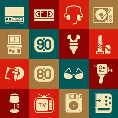 Set Sound mixer controller, Retro cinema camera, Lipstick, Headphones, 90s, Tetris, Old video cassette player and Swimsuit icon. Vector