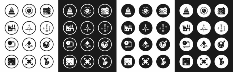 Set Graph, chart, diagram, Arrow, Factory, Pyramid infographics, Hierarchy organogram, Wrench and gear, Financial growth and icon. Vector