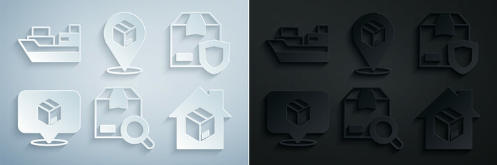 Obraz premium Set Search package, Delivery security with shield, Location cardboard box, Home delivery services, and Cargo ship boxes icon. Vector