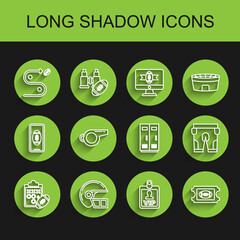 Set line Planning strategy concept, American football helmet, VIP badge, Football ticket, Whistle, shorts and Locker changing room for football, basketball team workers icon. Vector