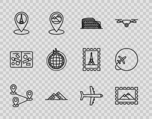 Set line Route location, Postal stamp and Mountains, Coliseum Rome, Italy, Egypt pyramids, Map pointer with Eiffel tower, Globe flying plane, Plane and icon. Vector