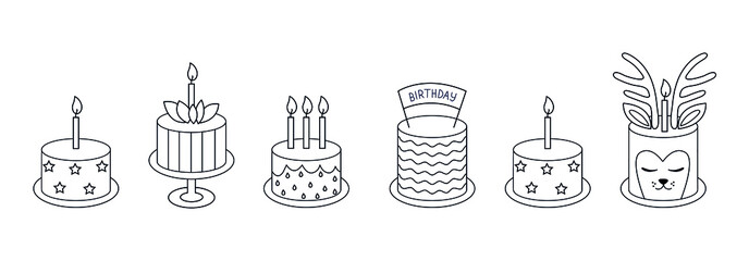 Cakes. Birthday. Line art icon set. Cakes with candles. Vector illustration