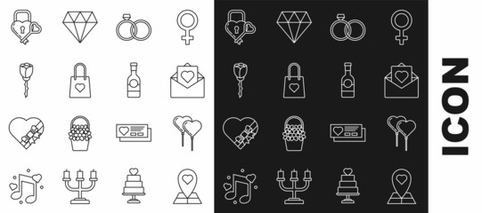 Set line Map pointer with heart, Balloons form of ribbon, Envelope Valentine, Wedding rings, Shopping bag, Flower rose, Castle the shape and key and Champagne bottle icon. Vector