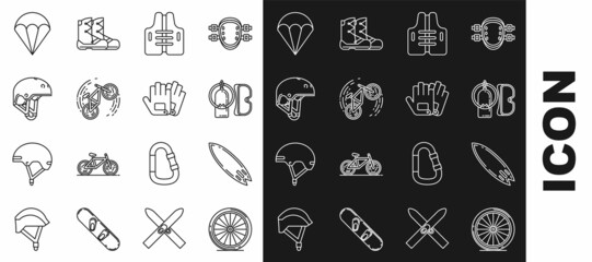 Set line Bicycle wheel, Surfboard, Diving mask and aqualung, Life jacket, trick, Helmet, Parachute and Gloves icon. Vector
