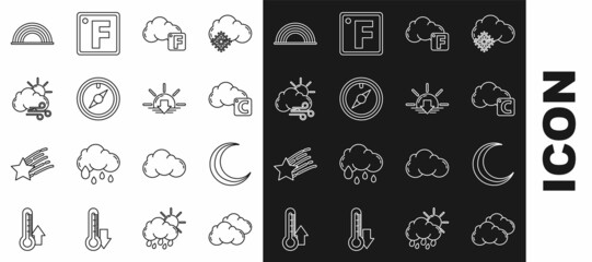 Set line Cloud, Moon and stars, Celsius cloud, Fahrenheit, Wind rose, Windy weather, Rainbow with clouds and Sunset icon. Vector