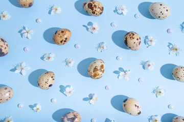 Minimalistic Flat lay, top view composition with   easter eggs and cherry flowers pattern on blue background. Trendy minimal style